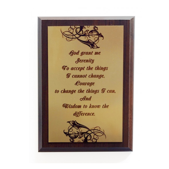 WP - Etched metal on wood. Serenity Prayer.